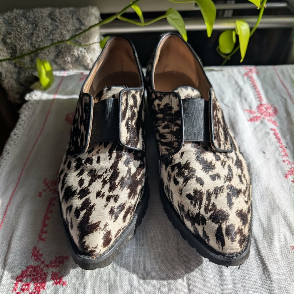 ANYI LU Brown and White Pony Hair Loafers, Size IT 40